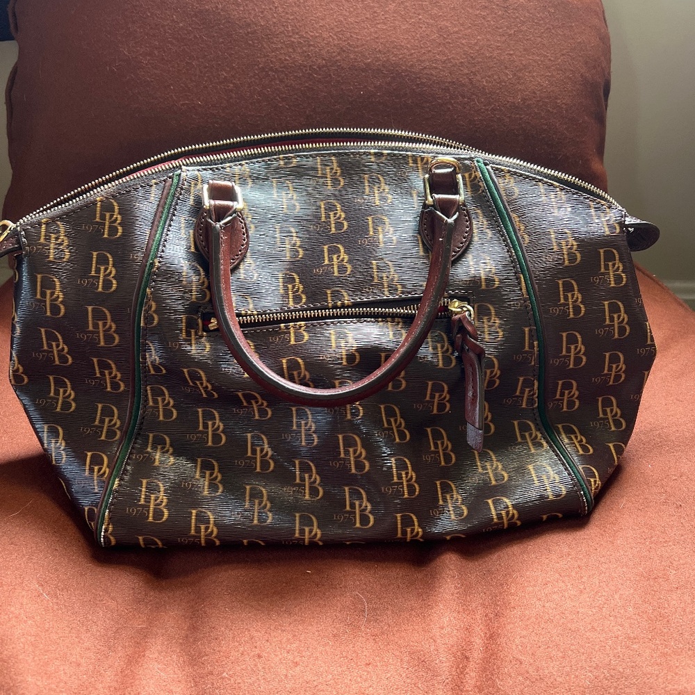 Dooney & Bourke Brown Monogram Satchel with Green Trim